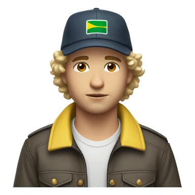 young white guy with small wavy hair with brazilian race jacket and hat serious sticker