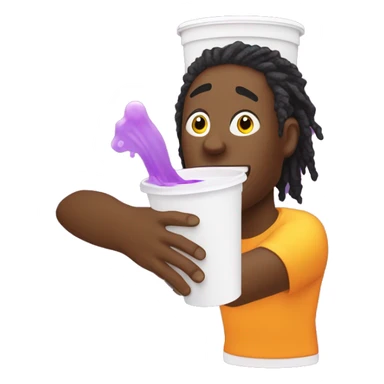 black guy with orange dreads pouring a yellow stream into a white styrofoam cup with purple juice sticker