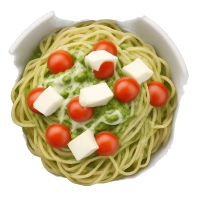 A big bowl with spaghetti with green pesto with mozarella and tomato  sticker