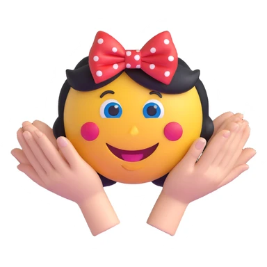 3D smiley emoji, large eyelashes, red polka dot bow, forming a heart with both hands, smiling, blue eyes, cute style sticker