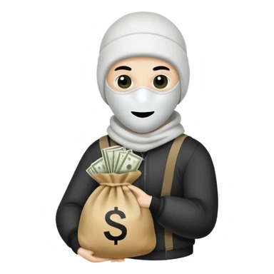 Ski mask holding money bag with white face sticker