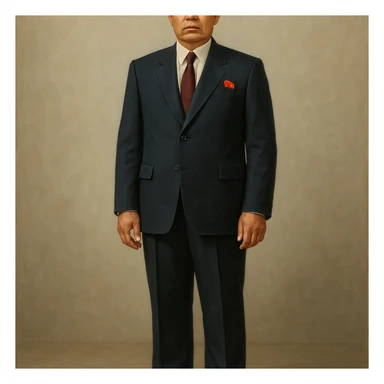 Official portrait of a North Korean man, head of the hull production workshop at a shipyard, serious and formal style, dark suit, neutral background, confident and focused expression, style inspired by Soviet and North Korean official portraits, full body, not cropped, head not cut off, head and feet fully in frame, variation 4 sticker