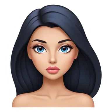 Glamours, tanned, very beautiful girl, with big pump peach-beige-rose lips, long long lashes, black straight smooth silky long hair, straight parting hair, blue-grey eyes sticker