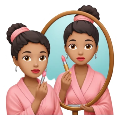 Mixed-race woman with caramel skin, wearing a pastel pink spa wrap, applying lipstick in front of a mirror sticker