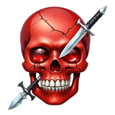 make me a red crystal skull partly see thew super gem like make it realistic and held together by a black bow and a small dagger to the eye with cracks coming from it have the bow be loosely tied around the skull holding it together make the blade super realistic  sticker