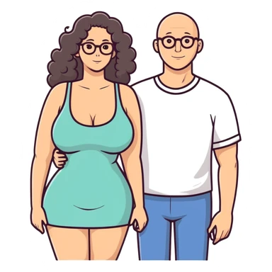 caucasian bald man with glasses and caucasian woman with no glasses, long curly dark hair and huge boobs sticker