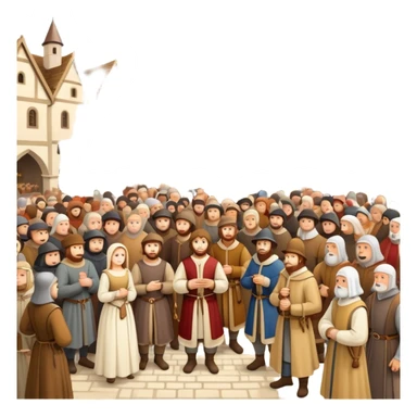 Large crowd of medieval people gathered in town square, mixture of wealthy merchants in fine clothes and commoners in simple attire sticker