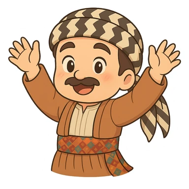Create a chibi Kurdish cartoon sticker based on the reference image, showing a congratulatory (celebrating/wishing well) expression. sticker