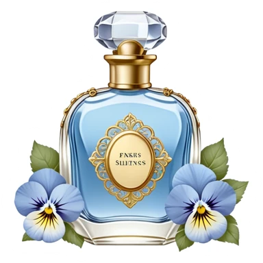gainst a powdery blue silk backdrop, a vintage crystal perfume bottle with delicate gold filigree detailing catches the soft glow of the morning light. A silken ivory ribbon, loosely tied around its slender neck, cascades onto the fabric, creating soft folds. Scattered around the bottle, pale blue and creamy white pansies rest gently, their petals carrying hints of pearl-like shimmer. A few stray petals, kissed by the golden light, add a touch of delicate imperfection, evoking a sense of quiet romance. sticker