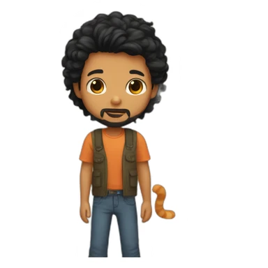 Boy with black hair and beard plaing with ginger cat sticker