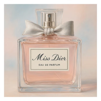 Miss Dior perfume bottle, classic rectangular shape, pastel colors, realistic style sticker