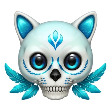 Glittery hollow-eyes cat-skull with cyan feathers sticker
