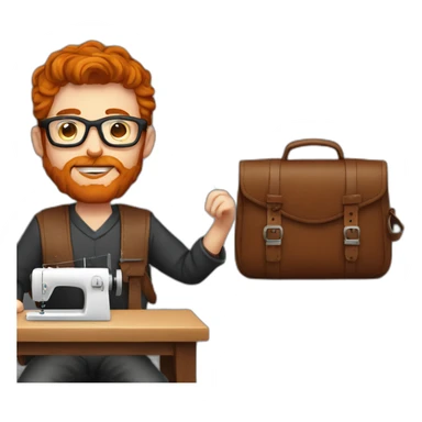 Red smooth haired man with beard and glasses sewing a leather bag by hand sticker
