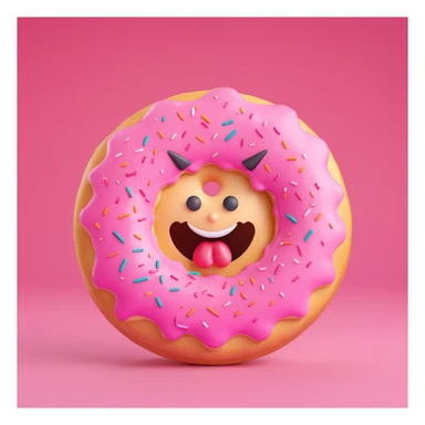 Create an emoji of this donut character with an angry expression, 3D cartoon style, pink background. sticker