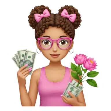 Uma menina com o cabelo cacheado com um Coque com baby hair, morena, e com uma regata rosa com um gloss na frente da regata ,com unha em gel,e com dinheiro na mão ,e com flores na outra mão,  com óculos  sticker