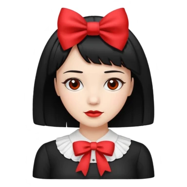 ["Fair skin female, black bob haircut, red bow clip at crown."] sticker