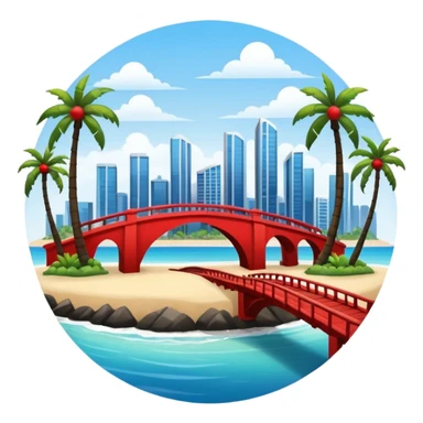 a circle island with modern buildings, a beach with palm trees in the front. also, a red bridge behind.  sticker