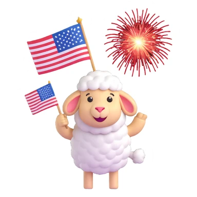 sheep emoji celebrating the Fourth of July, holding an American flag, with fireworks in the background sticker