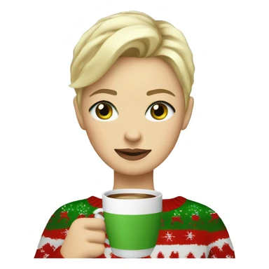 Short haired blonde girl with green eyes drinking coffee wearing Christmas sweater sticker