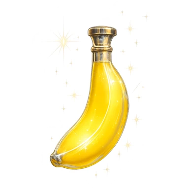 banana-shaped luxurious elixir bottle, banana yellow color, iridescent and silver details, very small neck, seamless bottom, transparent background, floating, no base or shadow, modern, matching a collection, extra intense magical glowing and sparkling effects sticker