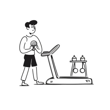 Gym equipment workout area with treadmill and weights sticker