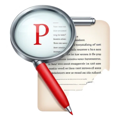 Create an emoji representing editing and proofreading. The design should feature an open document or manuscript with visible text and proofreading marks (such as red underlines or corrections). A red pen or pencil should be placed near the document, symbolizing the act of making edits. Optionally, include a magnifying glass to represent careful review. Use neutral and professional colors like white, black, and red accents to highlight the editing process. Do not include any emojis or smiley faces. Make the background transparent. sticker