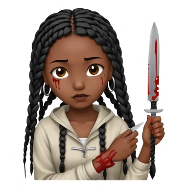 black girl with long black box braids cutting her wrists with a small blade and bleeding from it, her expression peaceful but sad sticker
