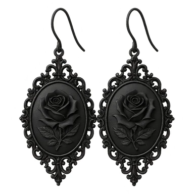 goth earrings, black rose cameo, victorian gothic style, ornate frame, detailed, elegant sticker