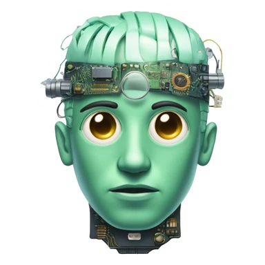 Pastel green haired male cyborg head with monocle and circuitry sticker