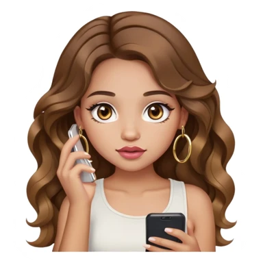 Light skinned girl, long wavy brown hair center-part with face framing pieces, big hazel eyes, gold hoops, white tank, prominent blush, sassy, big lips, makeup, holding phone sticker