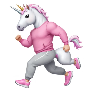 friendly anthropomorphised male white unicorn with a fit, chunky, muscular and strong physique, white arms and legs, wearing grey tracksuit pants and pink jumper, sunglasses, walking quickly sticker