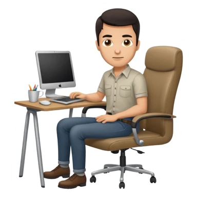 Rich man sitting on a chair, working at desk with laptop in office, in shirt, dark hair, he is german very beautiful looks like, full body view sticker