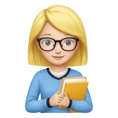 A smart and cute girl with yellow bobbed hair, wearing sky blue clothes,
I hold a book in one arm. There is a pen in the book.
He is wearing black-rimmed glasses and smiling brightly. sticker