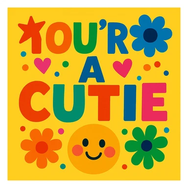 the words "you're a cutie" in rainbow colors, extra bold and playful font, vibrant and cheerful style sticker