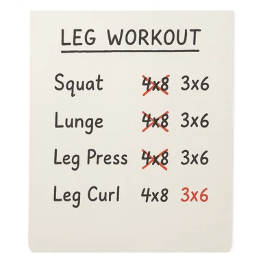 foglio di carta con scheda di allenamento gambe con volume di allenamento ridotto (fai alcuni esercizi con 4x8 scritti in precedenza sbarrati in rosso e la correzione accanto tipo 3x6), scrivila al meglio che puoi sticker