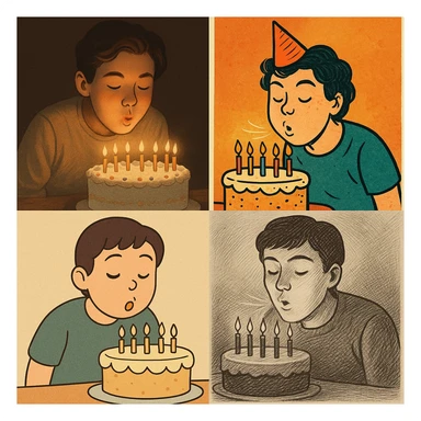 a person blowing out candles on a birthday cake, various styles sticker