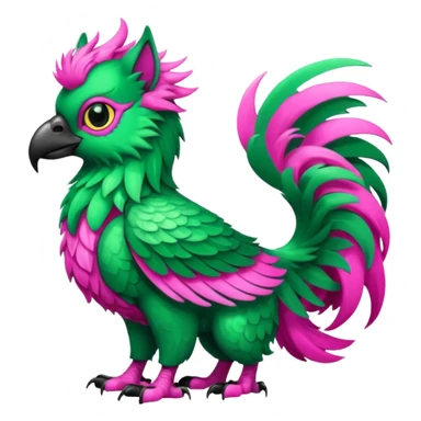 Emerald-green gryphon with a long tufted tail, black beak, pink swirly pattern markings, black claws, black tail, majestic, realistic, furry (full body) sticker