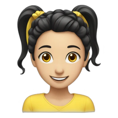 A smiling girl with a black ponytail and a yellow hairpin sticker