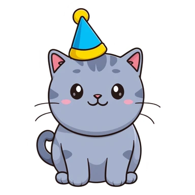 British shorthair blue cat with round face and chubby cheeks wearing a colorful birthday hat sticker