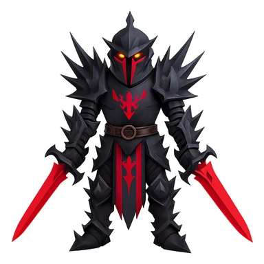Make the knight's black armour spikey, keep glowing red eyes, dramatic and bold style, no background. sticker