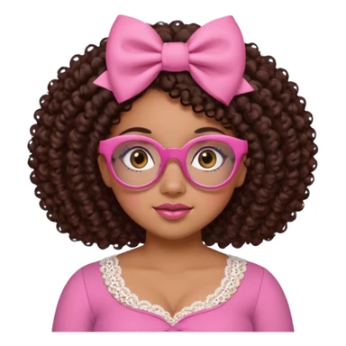 medium skinned afro-latina girl with medium length chocolate brown side part curly hair, brown eyes, pink sweetheart necklined top with lace, round wide-ish nose, chubby long shaped face, pink bow, brown glasses sticker