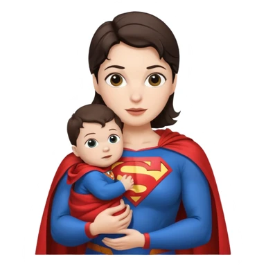 mother white skin brunette dressed as Superman with a cape holding a baby sticker