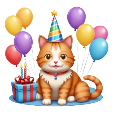 Ginger cat celebrates birthday, birthday hat, birthday cake, balloons, happy, gifts sticker