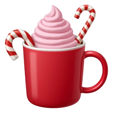 hot chocolete with pastel pink marshmallows in red christmas mug and candy cane, trendy aesthetic sticker