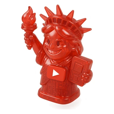 red Statue of Liberty with a playful sarcastic grin, red YouTube play button, glossy circuit style sticker