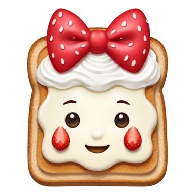 square toast topped with fluffy white cream, decorated with a strawberry bow made from two strawberry center, bright red and glossy sticker