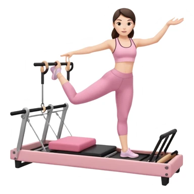 white brunette girl in light pink workout clothes doing pilates on a reformer sticker