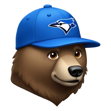 Brown bear wearing a hoodie and a Blue Jays cap sticker