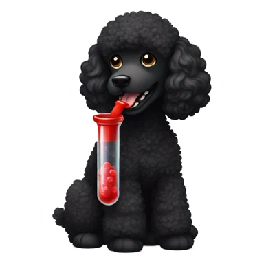 black poodle holding a test tube full of blood sticker