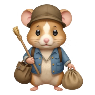 cartoon-style hamster poor hobo carrying a bindle over its shoulder with a sad expression. sticker